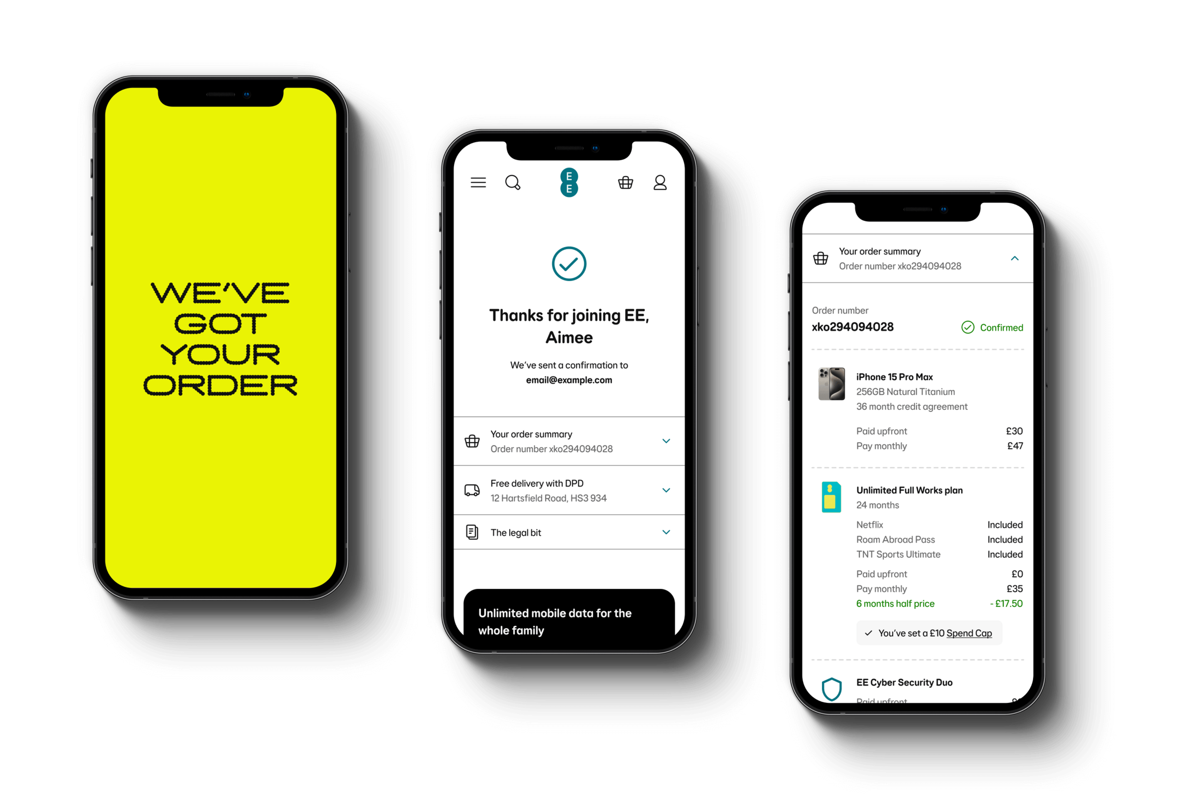 Three phones showing the updated order confirmation page UI