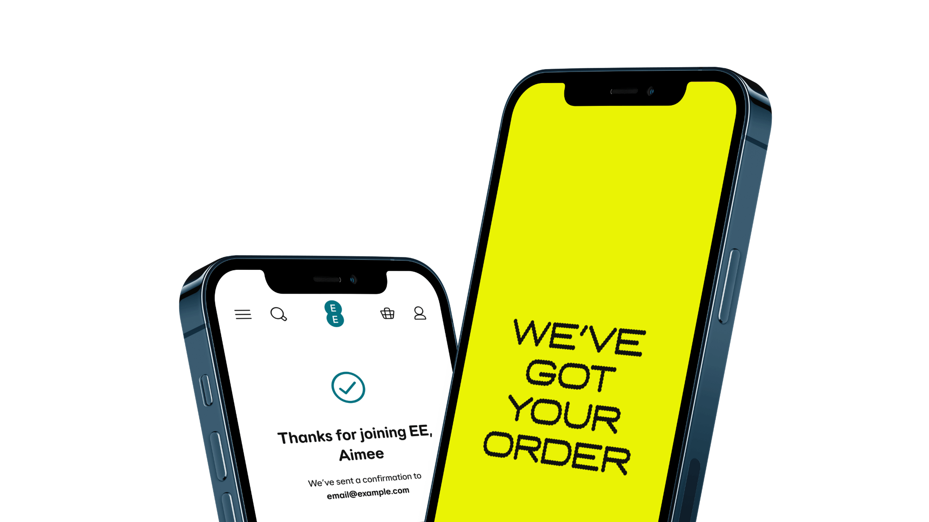 Three phones showing the updated order confirmation page UI