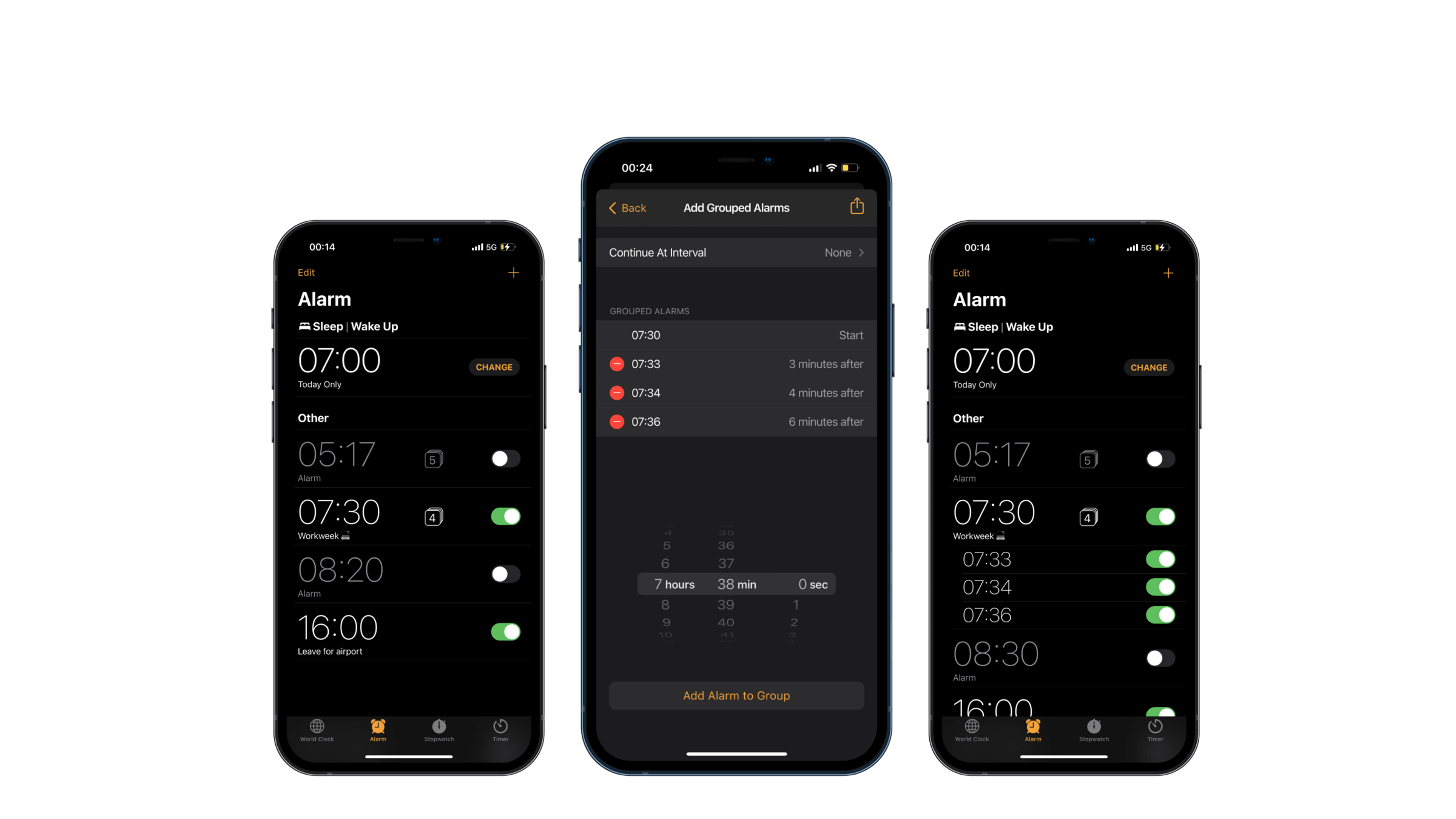 Screens showing the redesigns iOS clock app