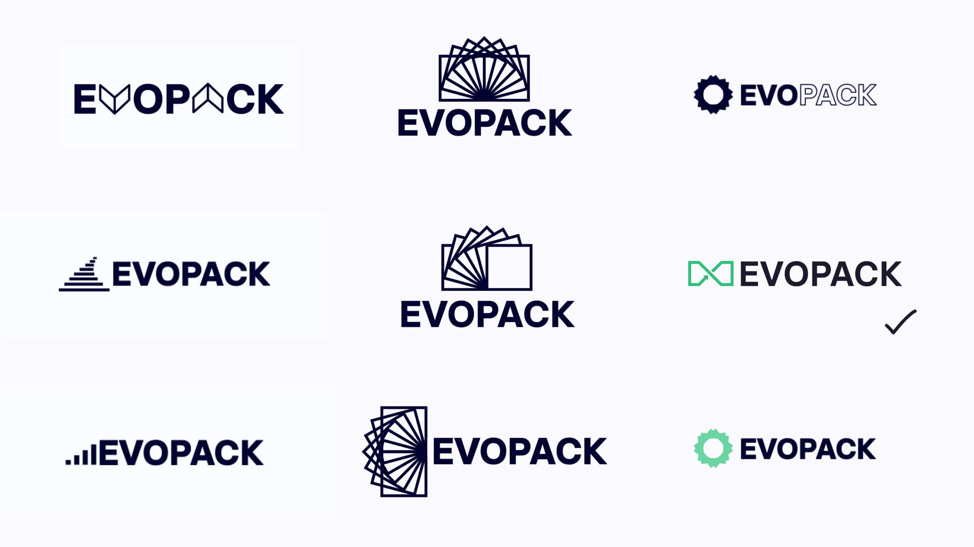 Various concepts for EVOPACK's logo side by side